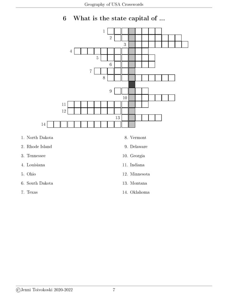State capitals crossword 6 asks for capitals of 14 states, including North Dakota, Rhode Island, and Tennessee