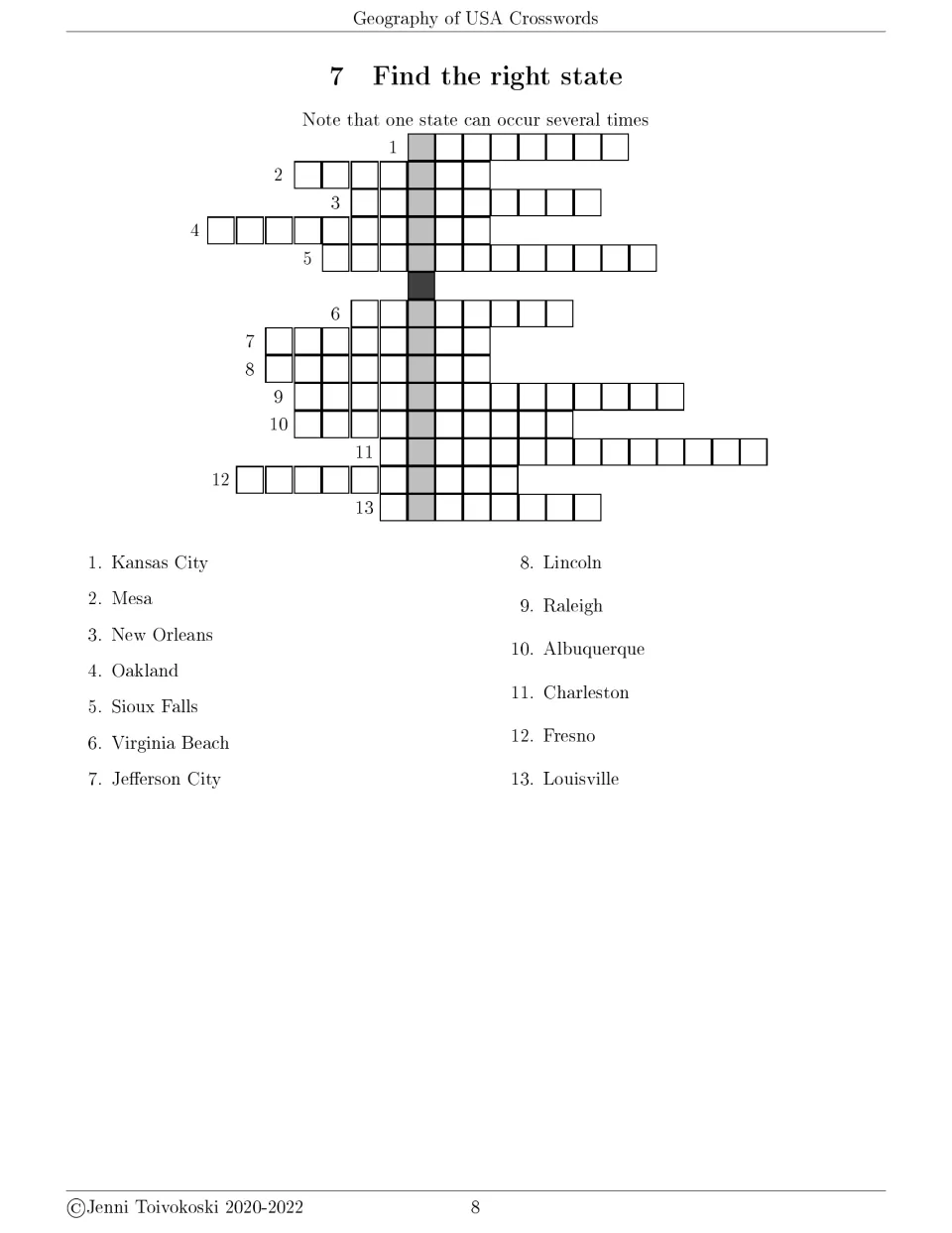 Find the right state crossword 7 gives 13 city clues, including Kansas City, Mesa, New Orleans, and Oakland