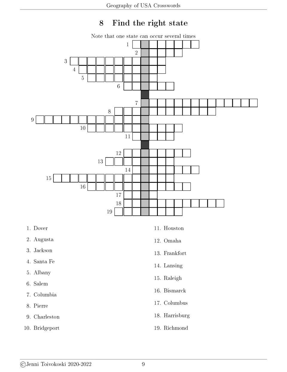 Find the right state crossword 8 gives 19 city clues, including Dover, Augusta, Jackson, Santa Fe, and Albany