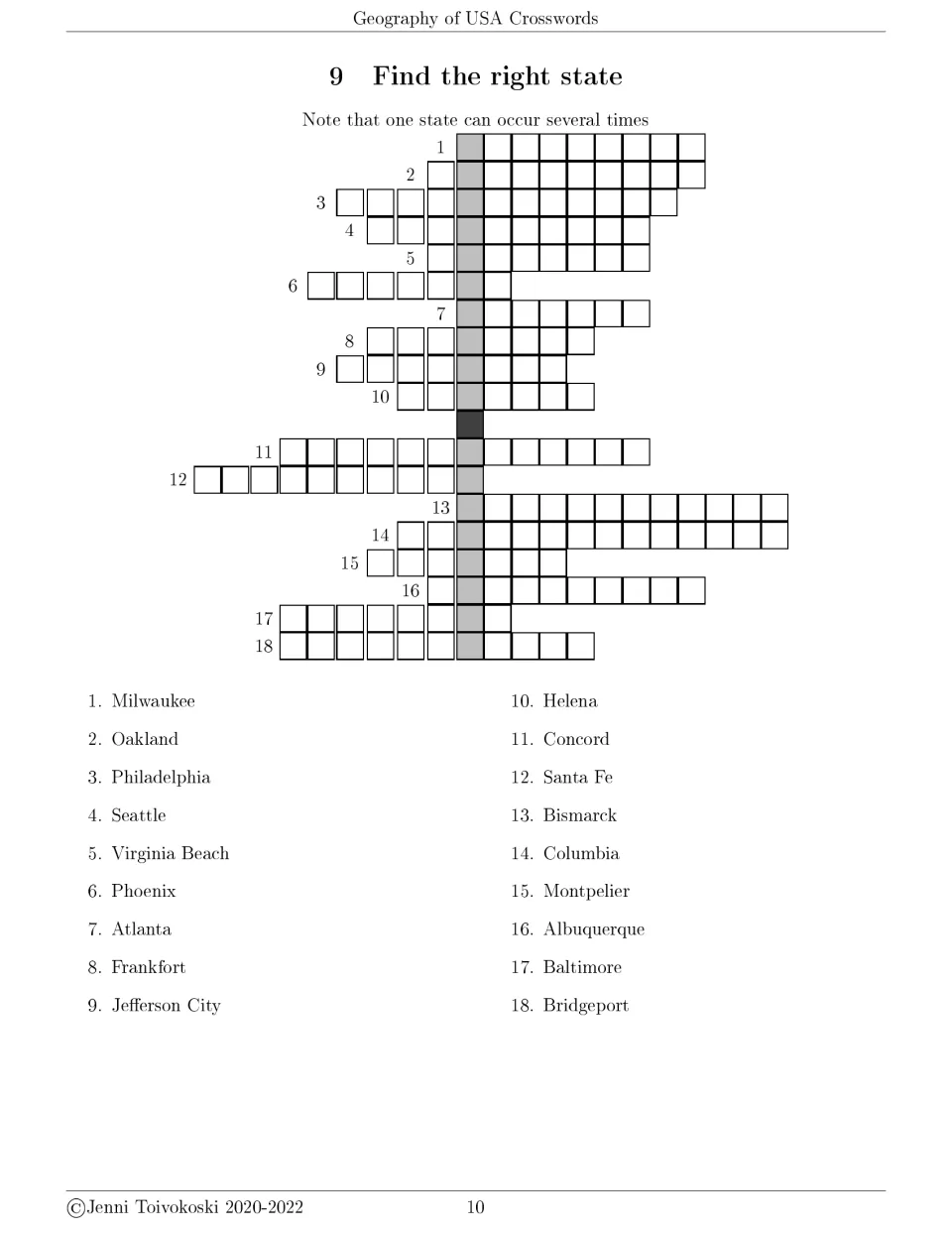 Find the right state crossword 9 gives 18 city clues, including Milwaukee, Oakland, Philadelphia, and Seattle