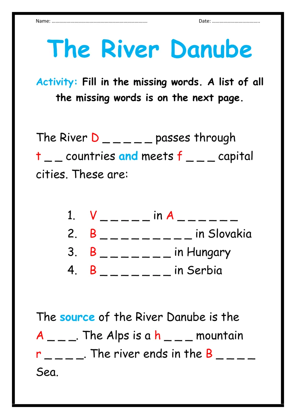 The River Danube cloze: students complete missing words about its 10 countries, 4 capitals, Alps source and Black Sea