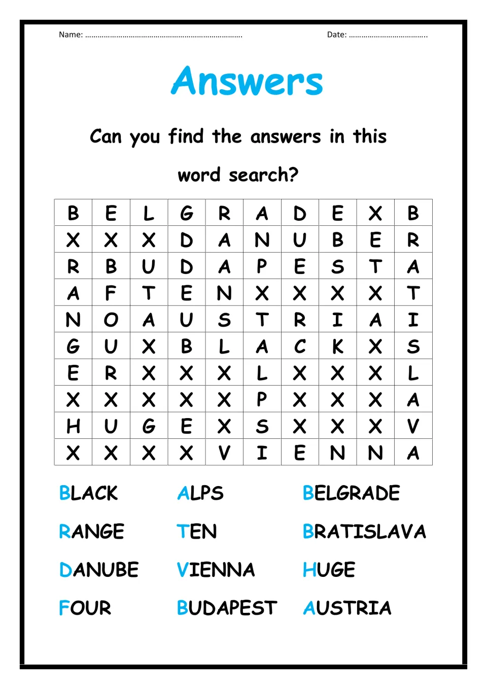 Danube word search: students find the 12 cloze answers, from Vienna and Bratislava to Alps and Black, in the puzzle