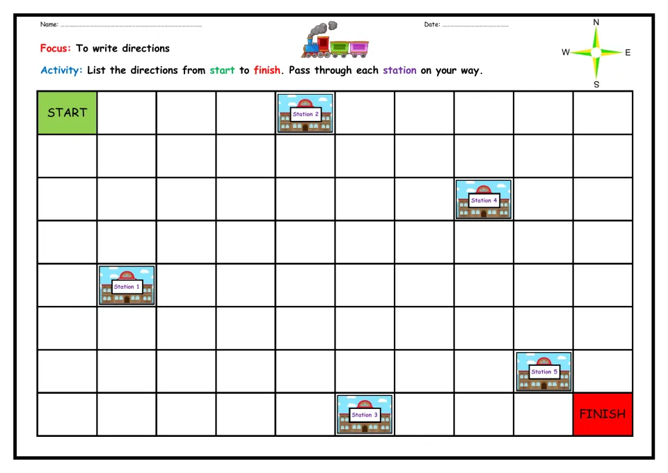 Train route with five stations: students list directions from start to finish, stopping at Stations 1 to 5 in turn