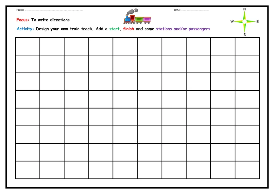 Design your own train track: students add a start, finish and stations or passengers to a blank map with a compass