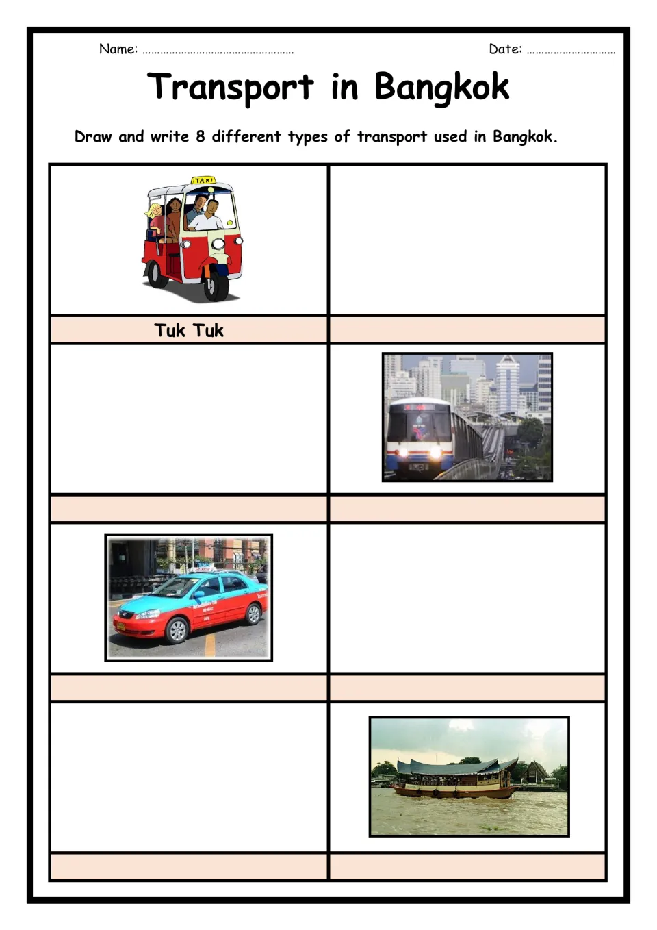 Transport in Bangkok: students draw and name 8 transport types; tuk tuk is labeled, elevated train, taxi and boat shown
