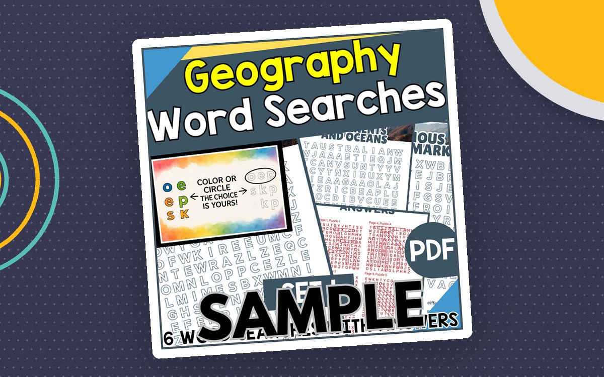 Geography Word Searches Set 1 sample cover with country-name grids and answer previews.
