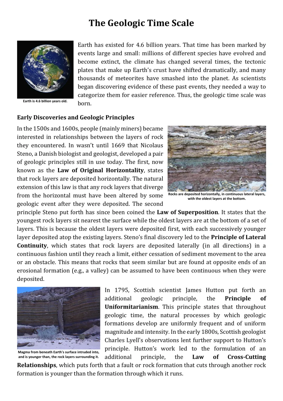Reading introduction: Earth's age and geologic principles, including superposition and lateral continuity