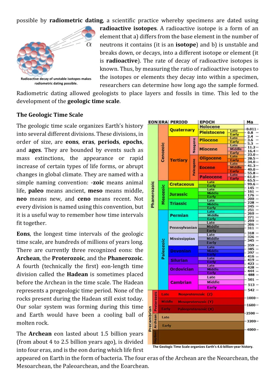 Reading part 3: radiometric dating, a geologic time scale chart, and the Hadean and Archean time intervals