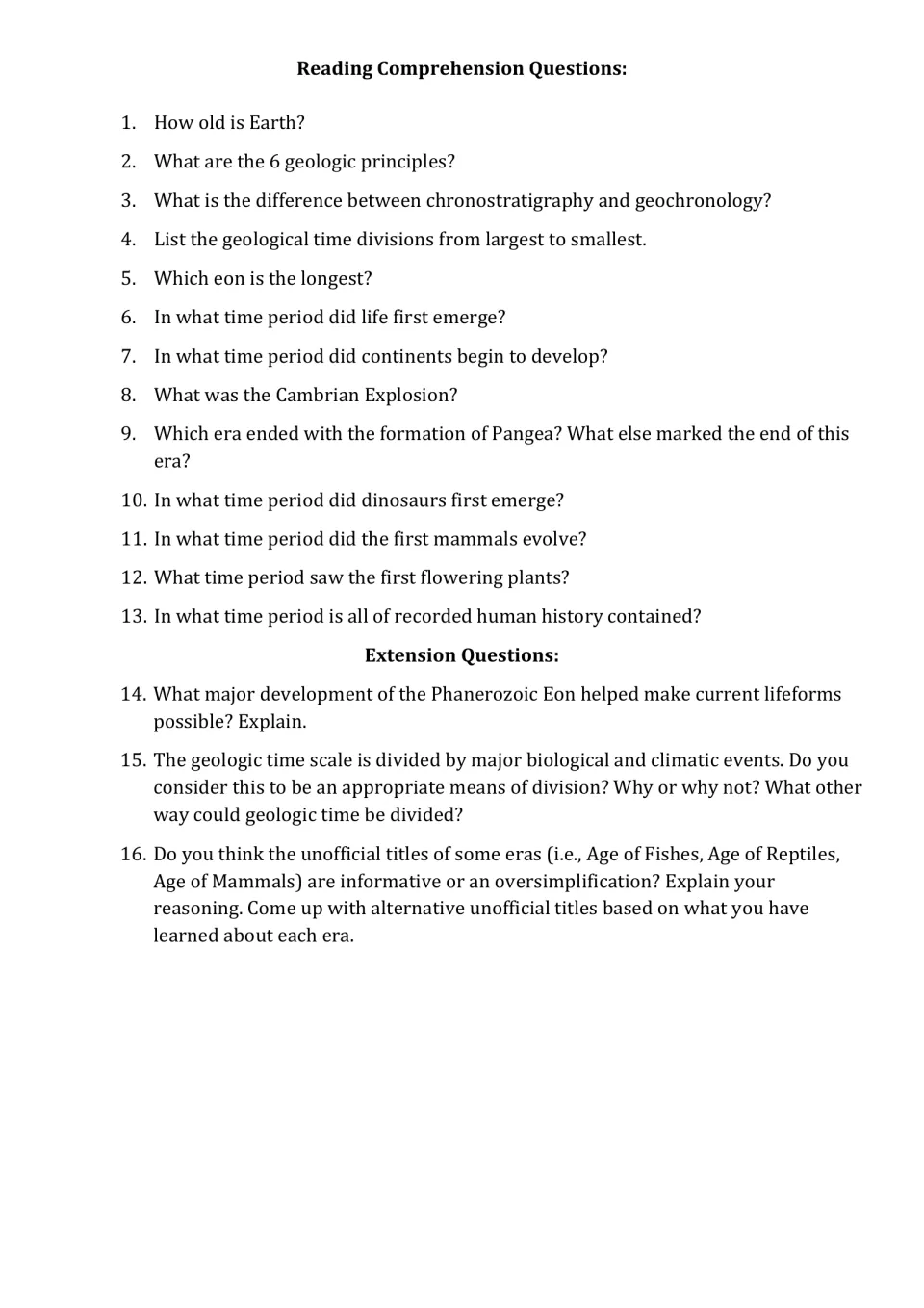 Question sheet: 13 geologic time comprehension questions and three extension questions about Earth's history