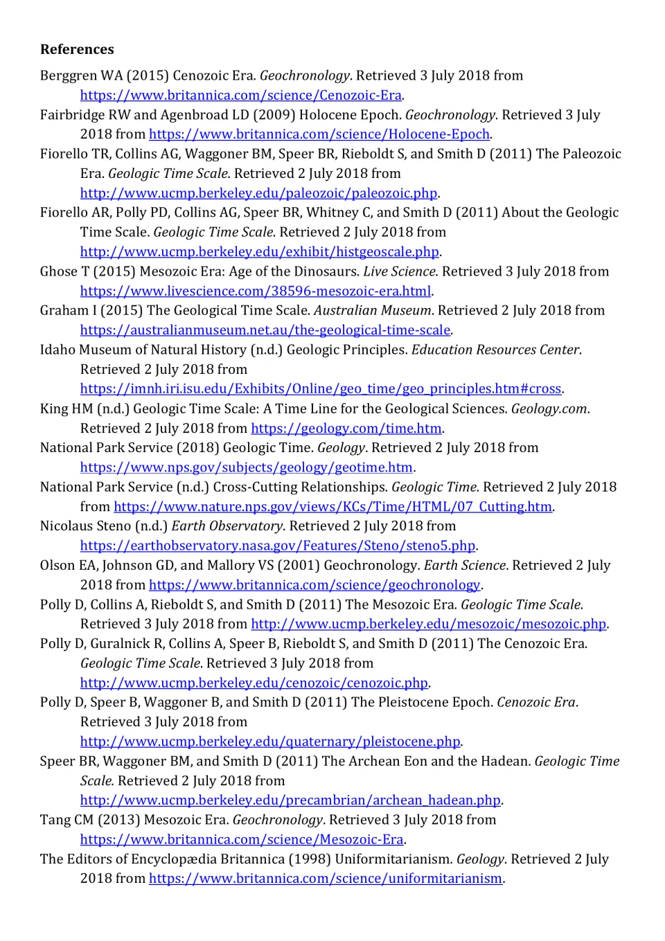 First reference page: sources for the geologic time article, including Britannica, USGS, and UC Berkeley