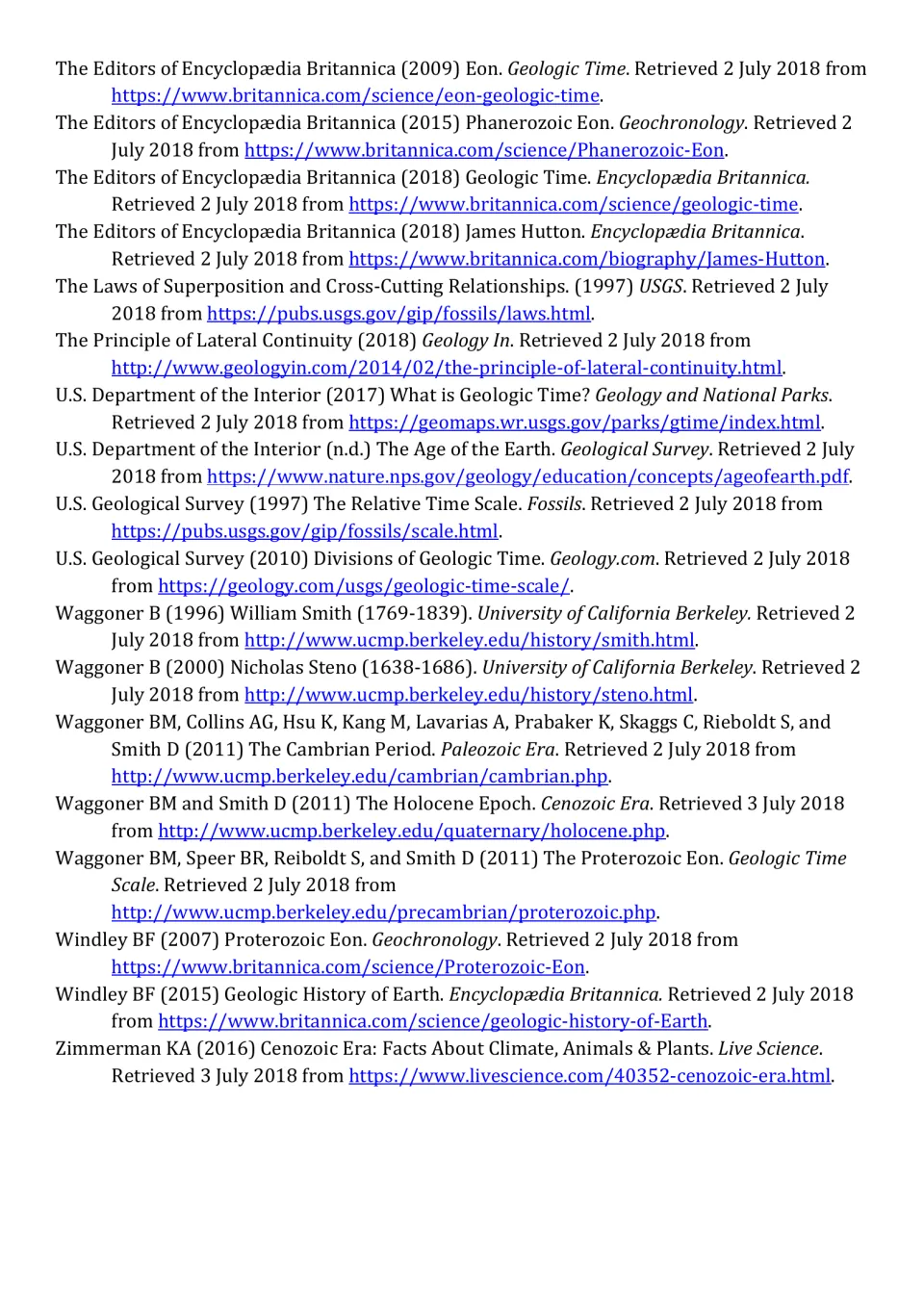 Second reference page: sources on eons, geologic principles, Earth's age, and the history of geologic time