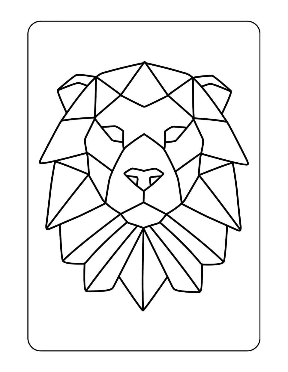 Animal coloring design 1: a front-facing lion head with a mane divided into angular sections to color