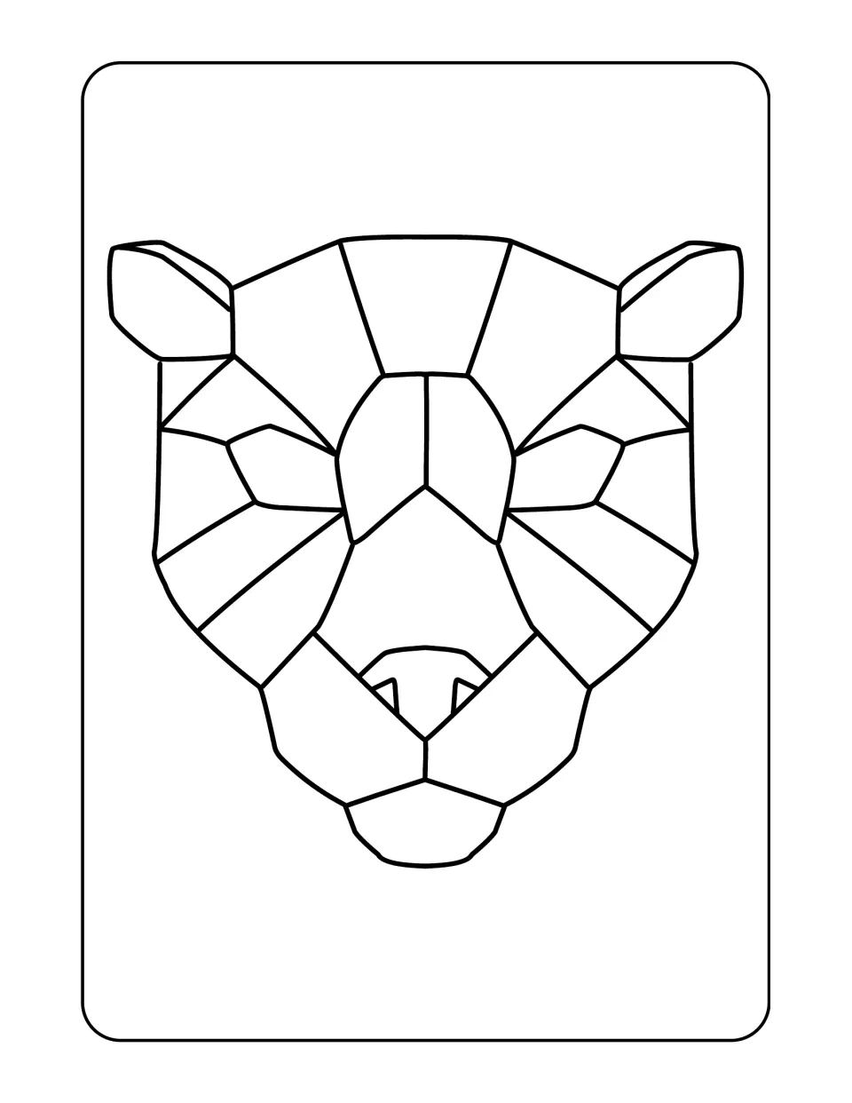 Animal coloring design 2: a front-facing big cat head with geometric sections across its face and ears