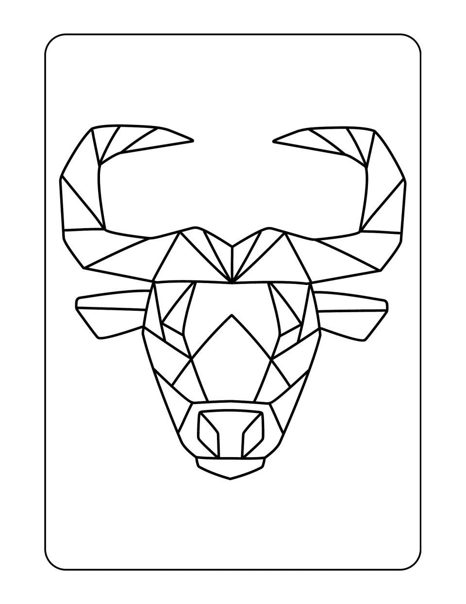Animal coloring design 3: a front-facing bull head with two upward-curving horns and geometric sections