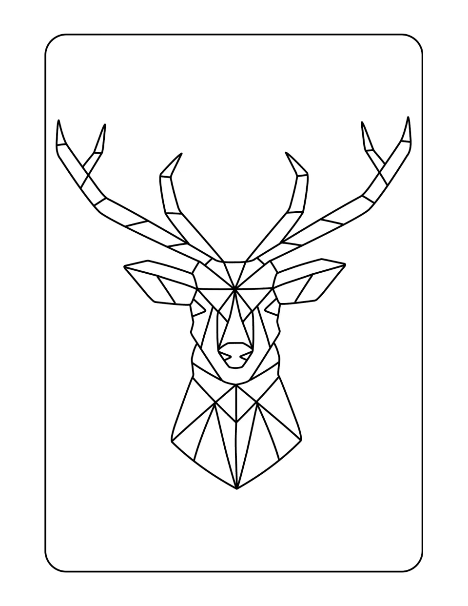 Animal coloring design 4: a front-facing deer head with branching antlers and an angular neck to color