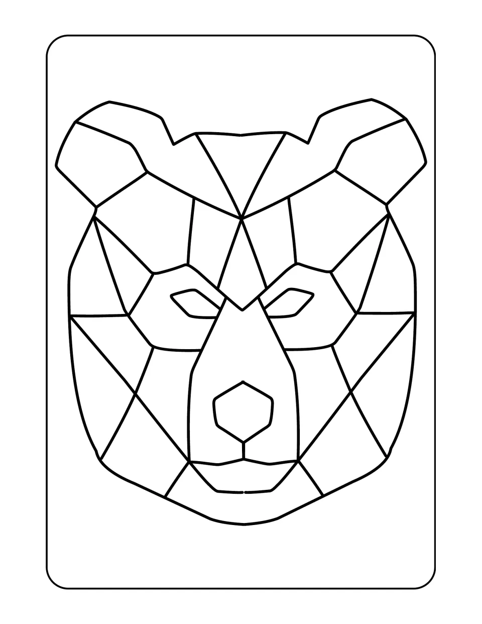 Animal coloring design 5: a front-facing bear head with rounded ears and geometric sections to color