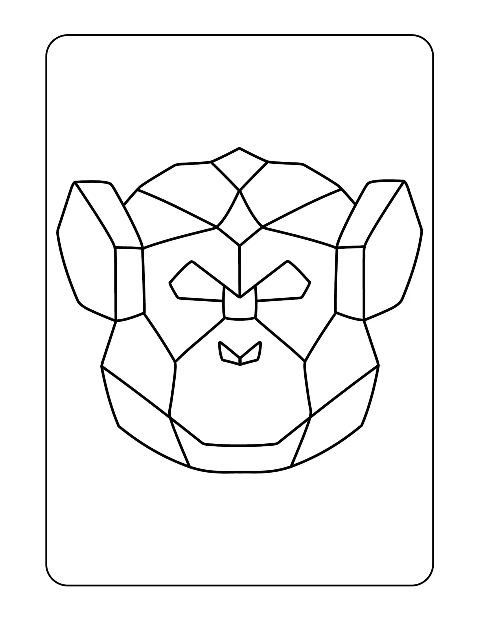 Animal coloring design 6: a front-facing monkey head with large ears and angular sections across its face
