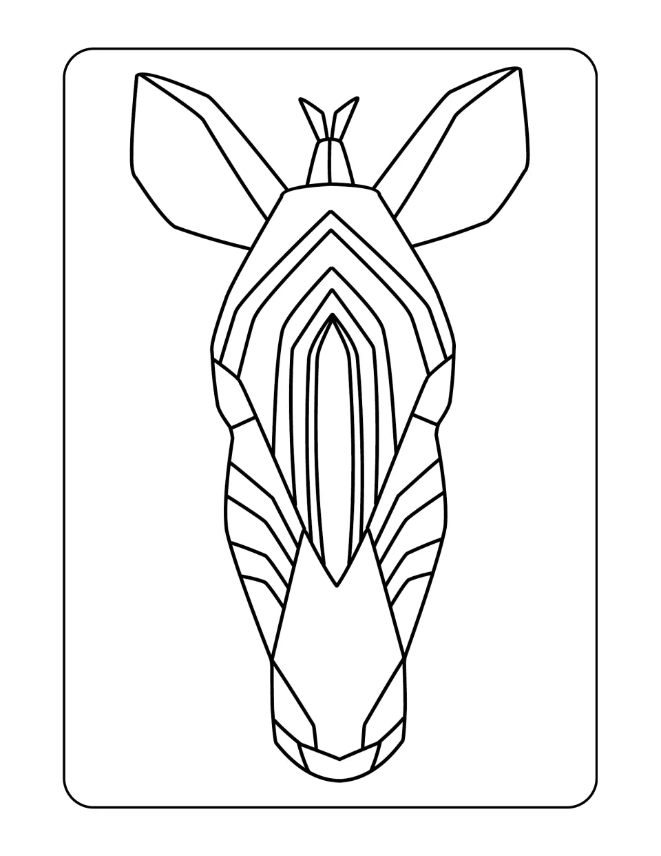 Animal coloring design 8: a front-facing zebra head with long ears and angular stripes along its face