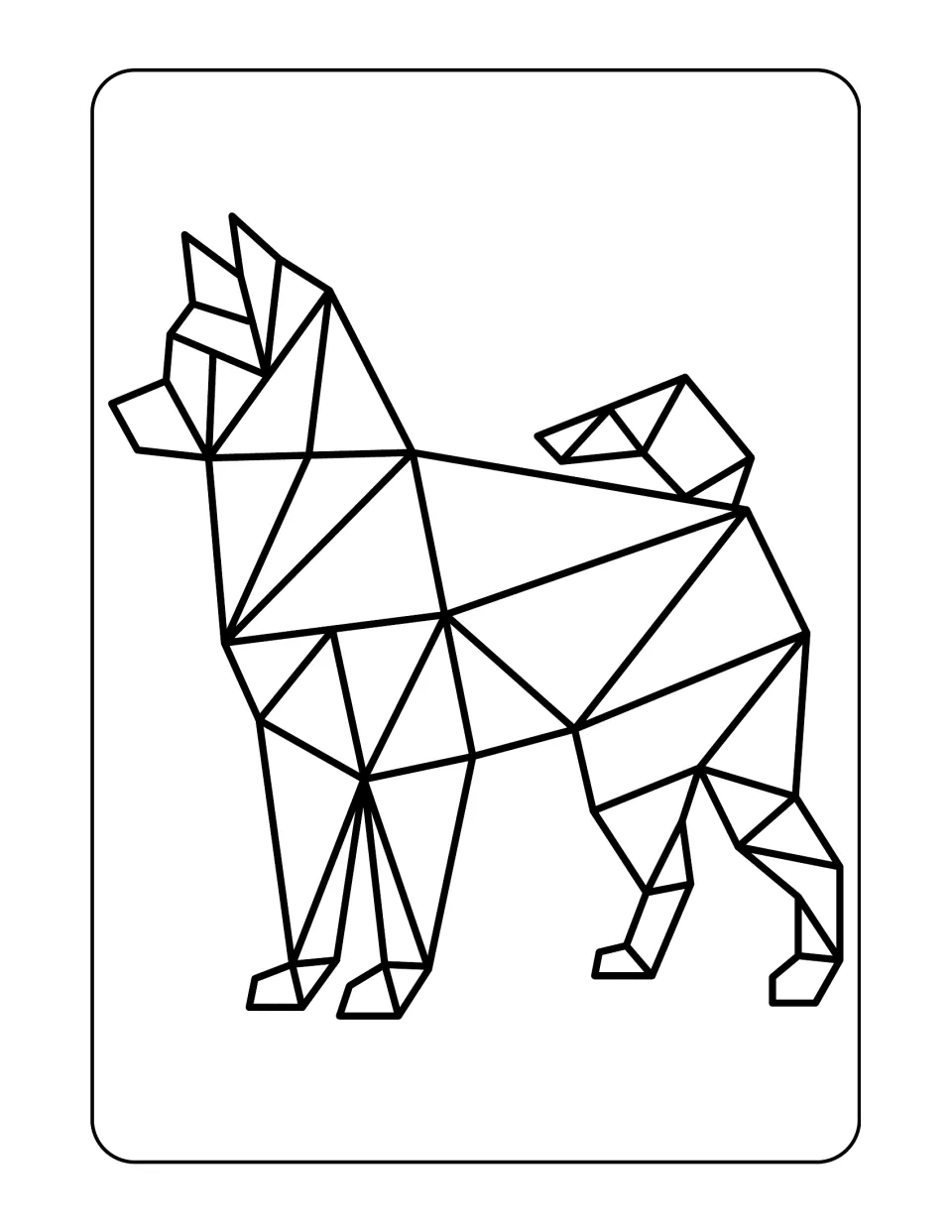 Animal coloring design 9: a standing dog in side view with pointed ears, a curled tail, and polygon sections
