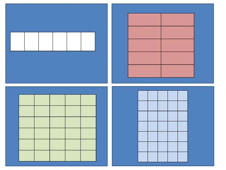 Unit square matching cards: four rectangles of 6, 10, 30 and 35 squares for students to count and pair with number cards