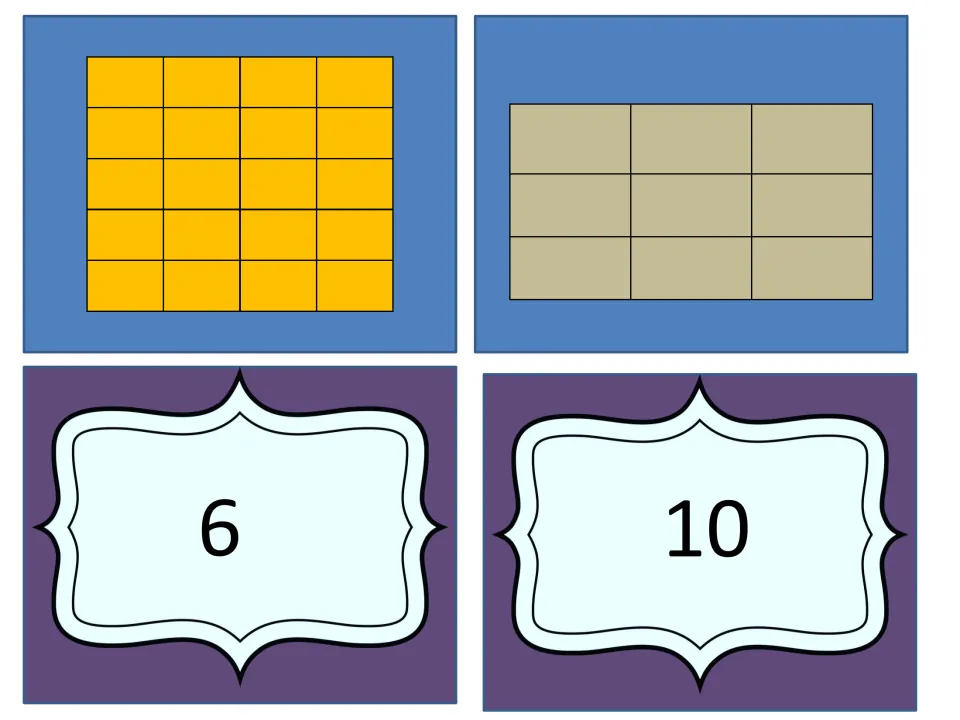 Counting unit squares cards: figures of 20 and 9 squares plus number cards 6 and 10 to match to the correct figure