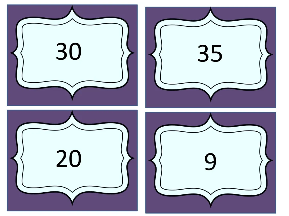Number cards for the unit square match reading 30, 35, 20 and 9, which students pair with the counted figure cards