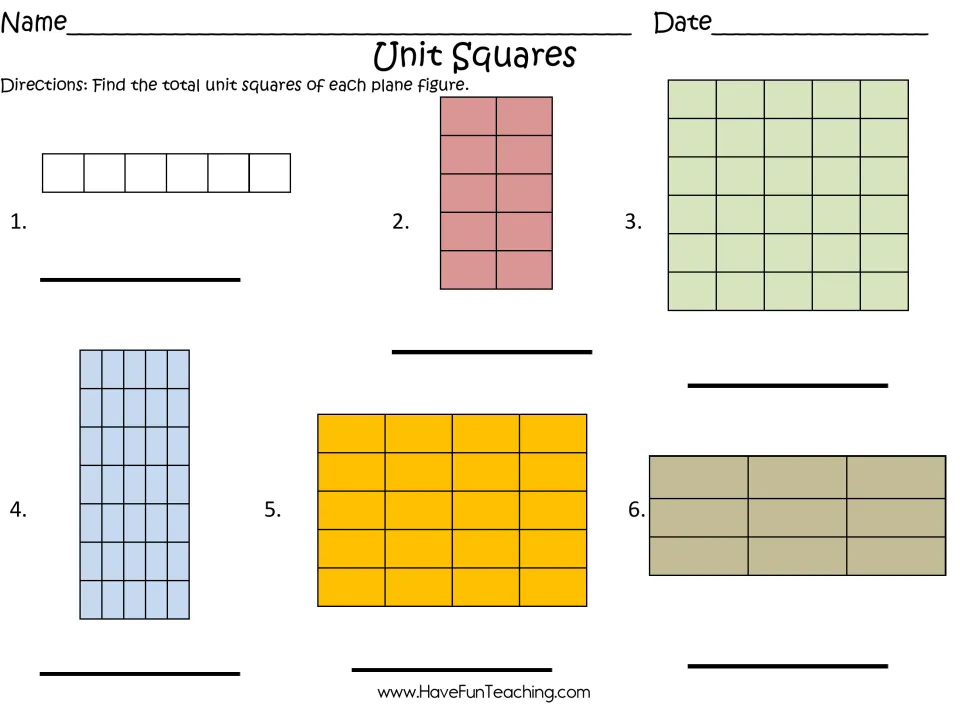 Unit Squares: students count the total unit squares in six shaded rectangles, numbered 1 to 6, and write each total