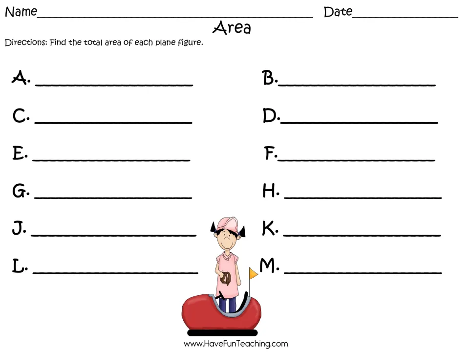 Area recording sheet: students find the total area of each plane figure and write each answer beside letters A through M