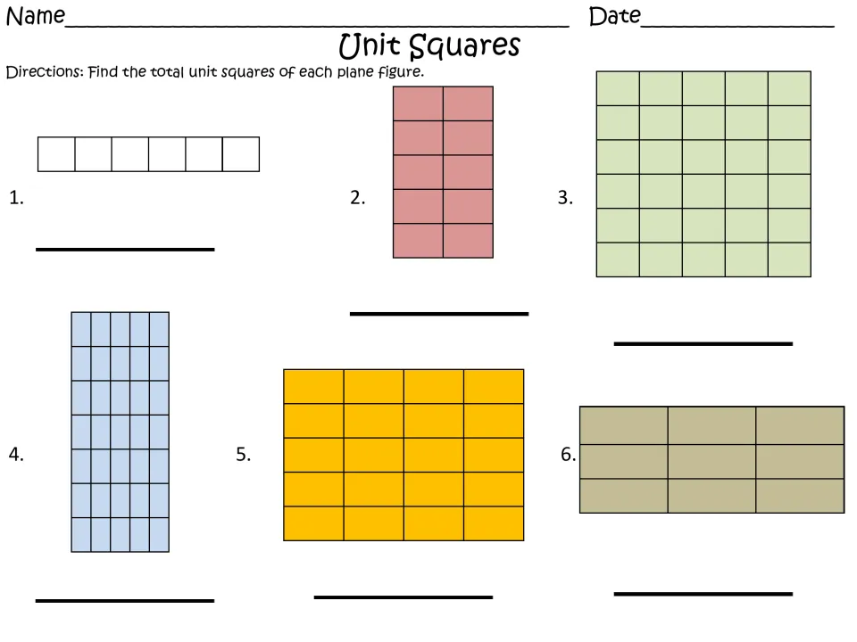 Unit Squares activity sheet: students find the total unit squares in 6 tiled rectangles of varied sizes and write each area