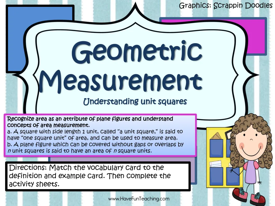 Geometric Measurement cover: understanding unit squares, area standard text and directions to match vocabulary cards
