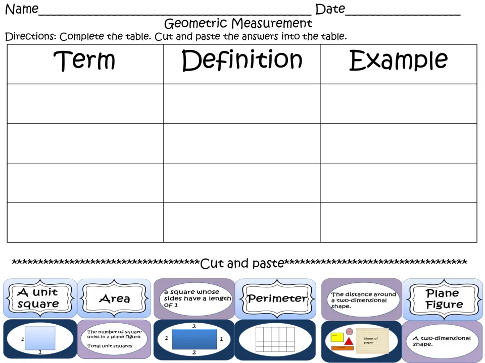 Geometric Measurement sort: students cut and paste term, definition and example cards for 4 area and shape words