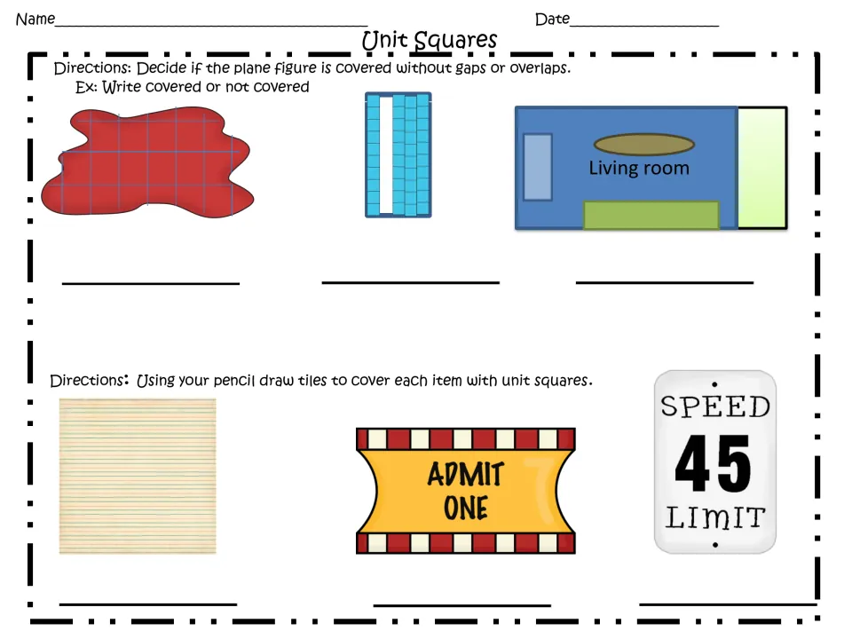 Unit squares practice: students judge if figures are covered without gaps or overlaps, then tile three items in pencil