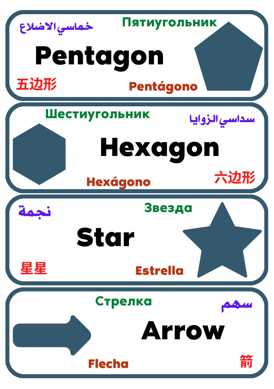 Polygon and symbol flashcards: pentagon, hexagon, star and arrow labeled in English, Arabic, Russian, Spanish and Chinese
