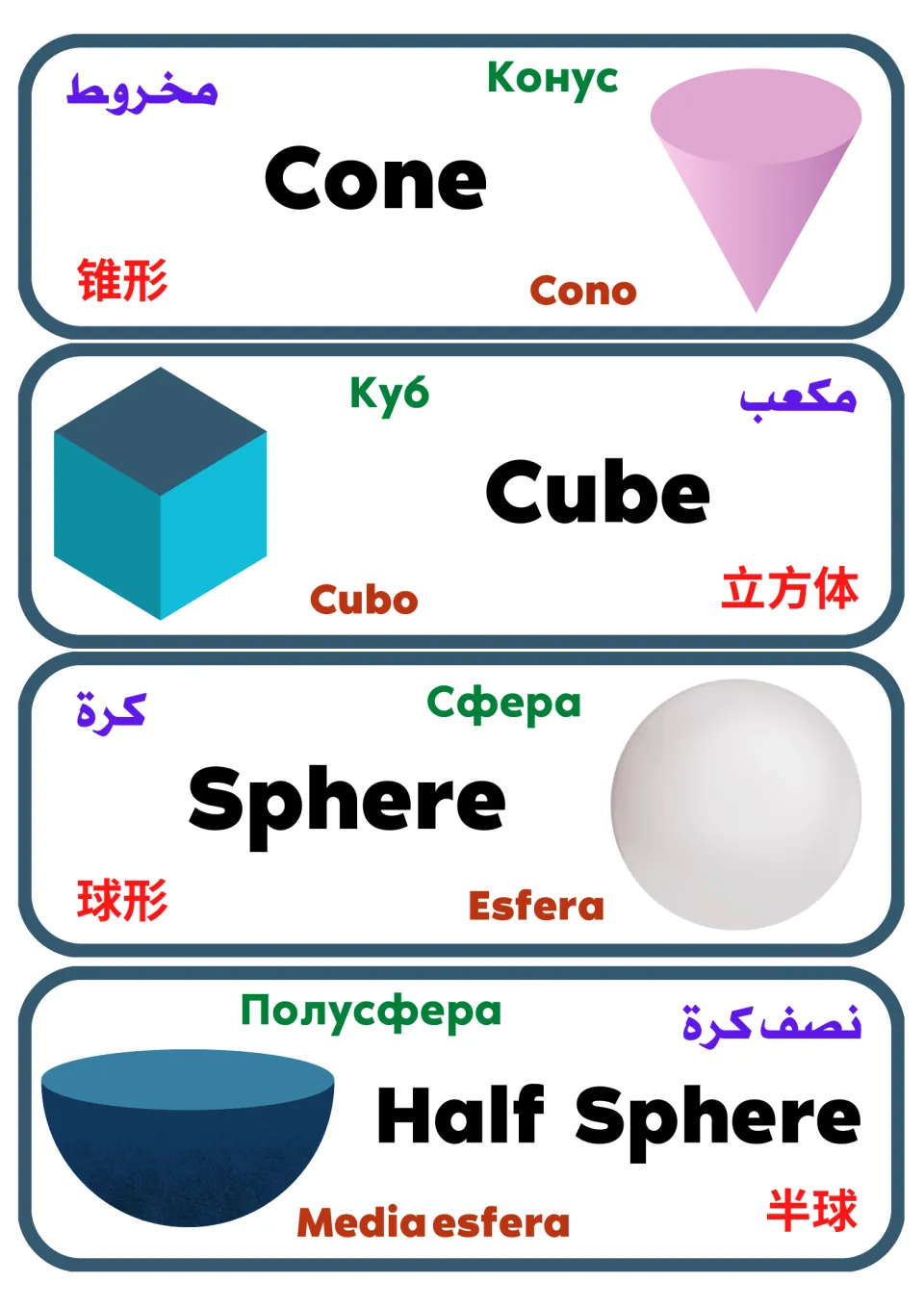 3D shape flashcards: cone, cube, sphere and half sphere, pictured and named in English, Arabic, Russian, Spanish, Chinese