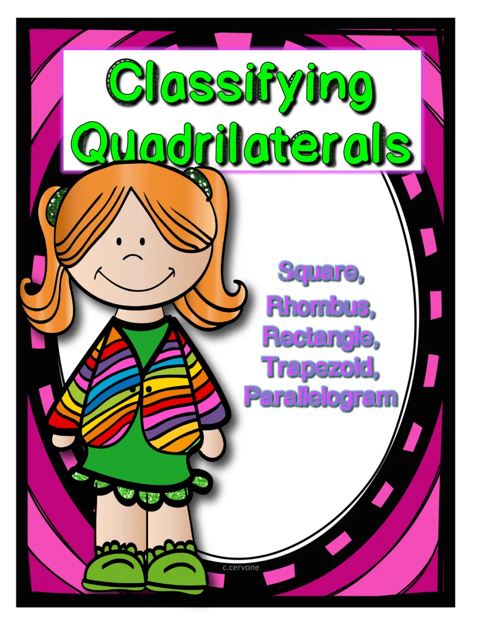 Classifying Quadrilaterals cover listing square, rhombus, rectangle, trapezoid and parallelogram beside a cartoon girl