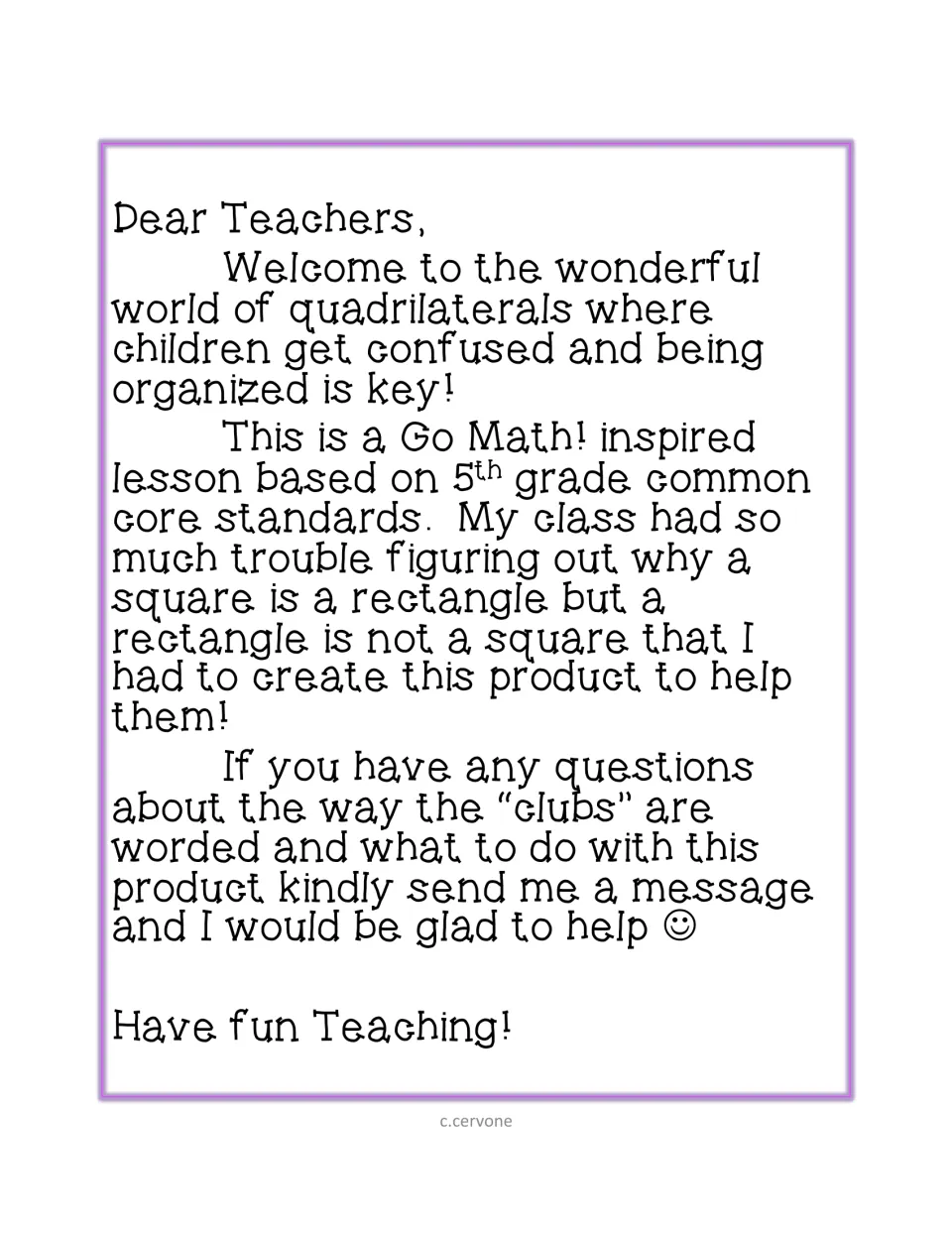 Letter to teachers explaining the resource grew from students' confusion over why a square is a rectangle