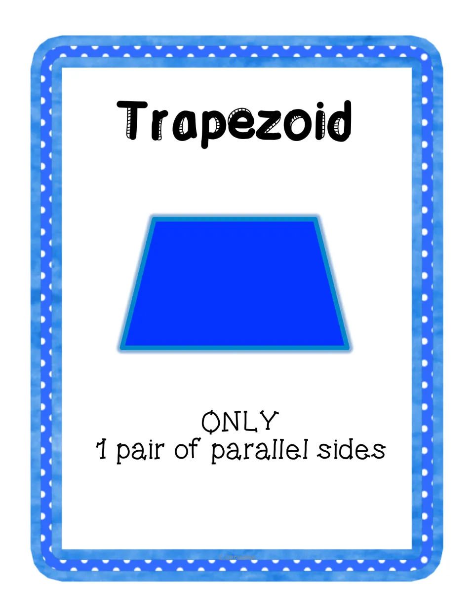 Trapezoid card: a blue trapezoid and its rule, ONLY 1 pair of parallel sides, used to classify quadrilaterals