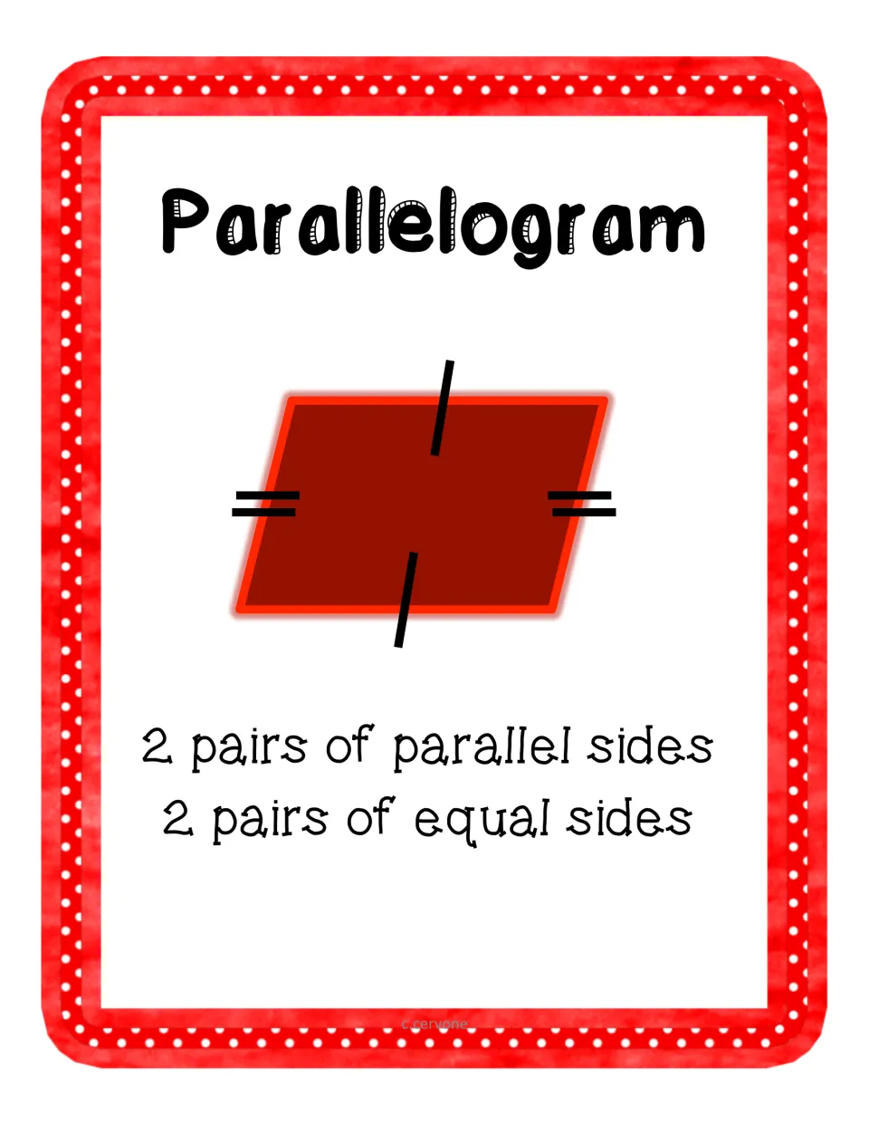 Parallelogram card: a red parallelogram with tick marks showing 2 pairs of parallel sides and 2 pairs of equal sides