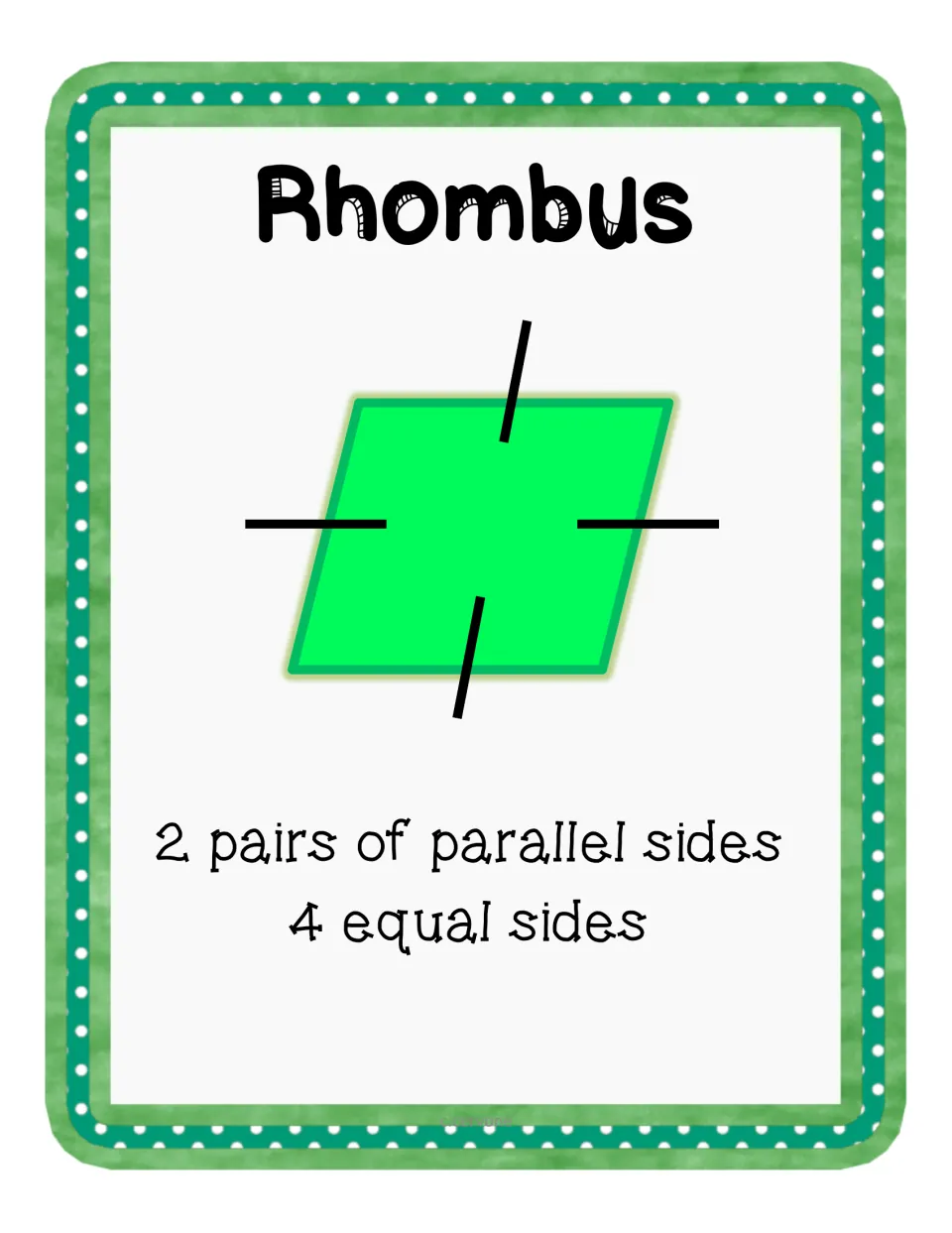 Rhombus card: a green rhombus with single tick marks on every side showing 2 pairs of parallel sides and 4 equal sides