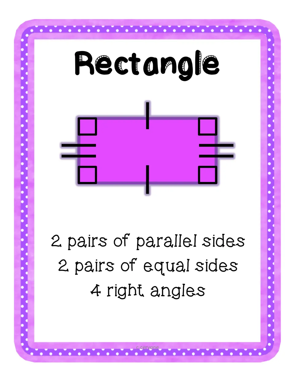 Rectangle card with right-angle marks: 2 pairs of parallel sides, 2 pairs of equal sides and 4 right angles