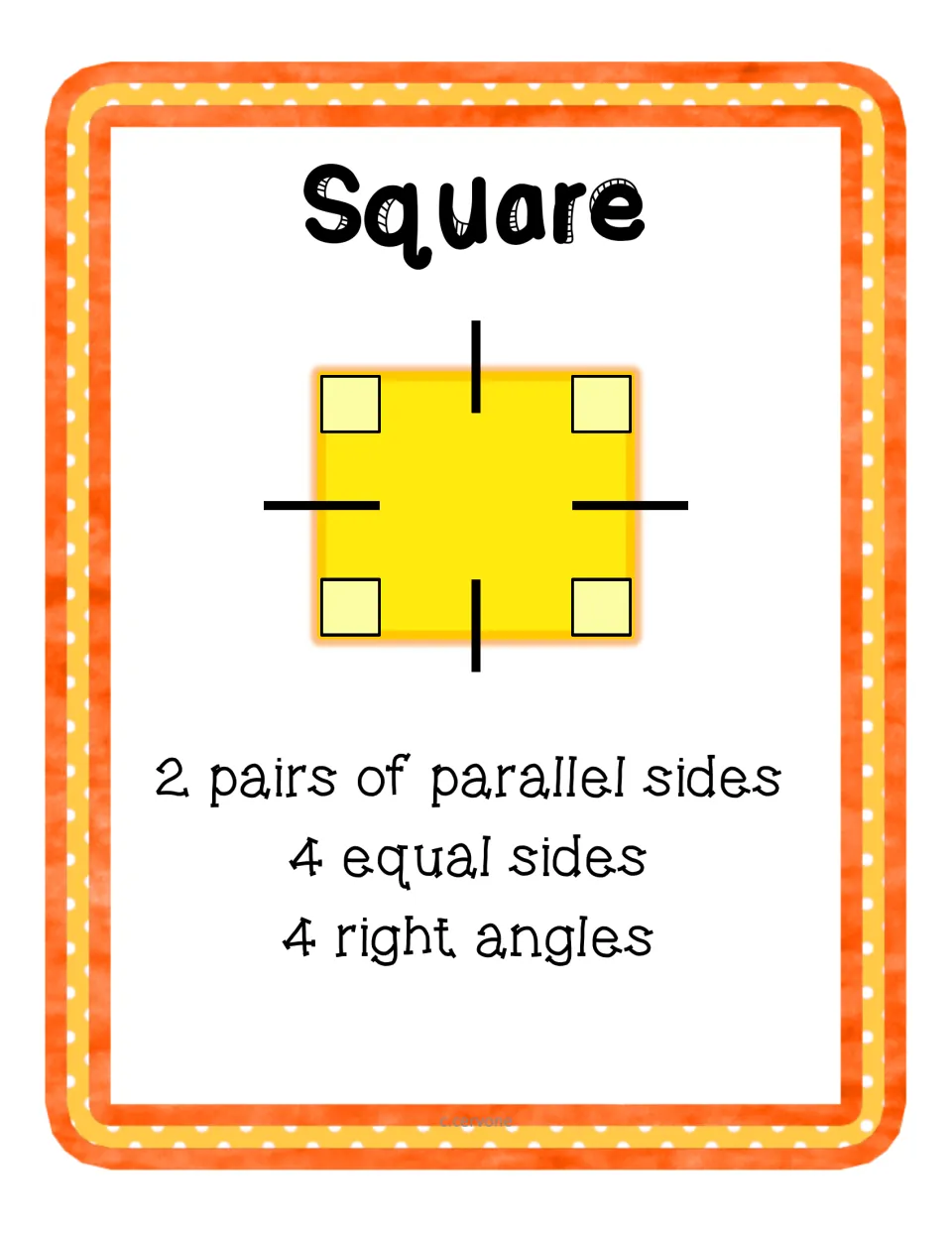 Square card: a yellow square with right-angle marks listing 2 pairs of parallel sides, 4 equal sides and 4 right angles