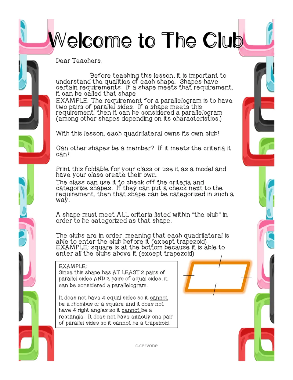 Welcome to The Club: teacher guide to the club system for classifying shapes, with a worked parallelogram example