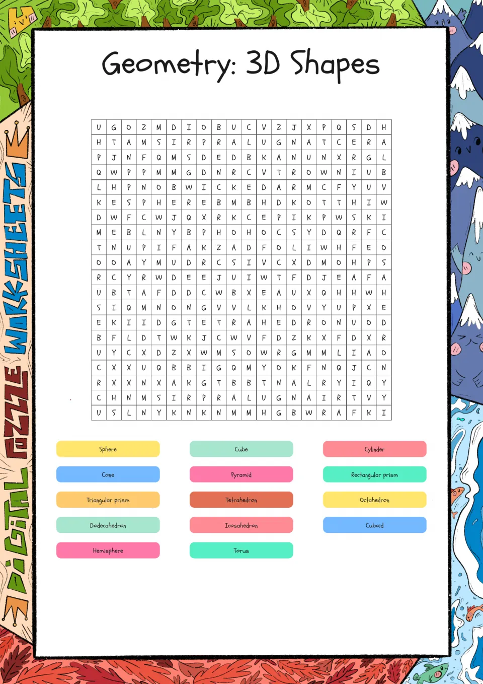 Geometry 3D shapes word search: students find 14 solid-figure names, including sphere, cone, torus and icosahedron