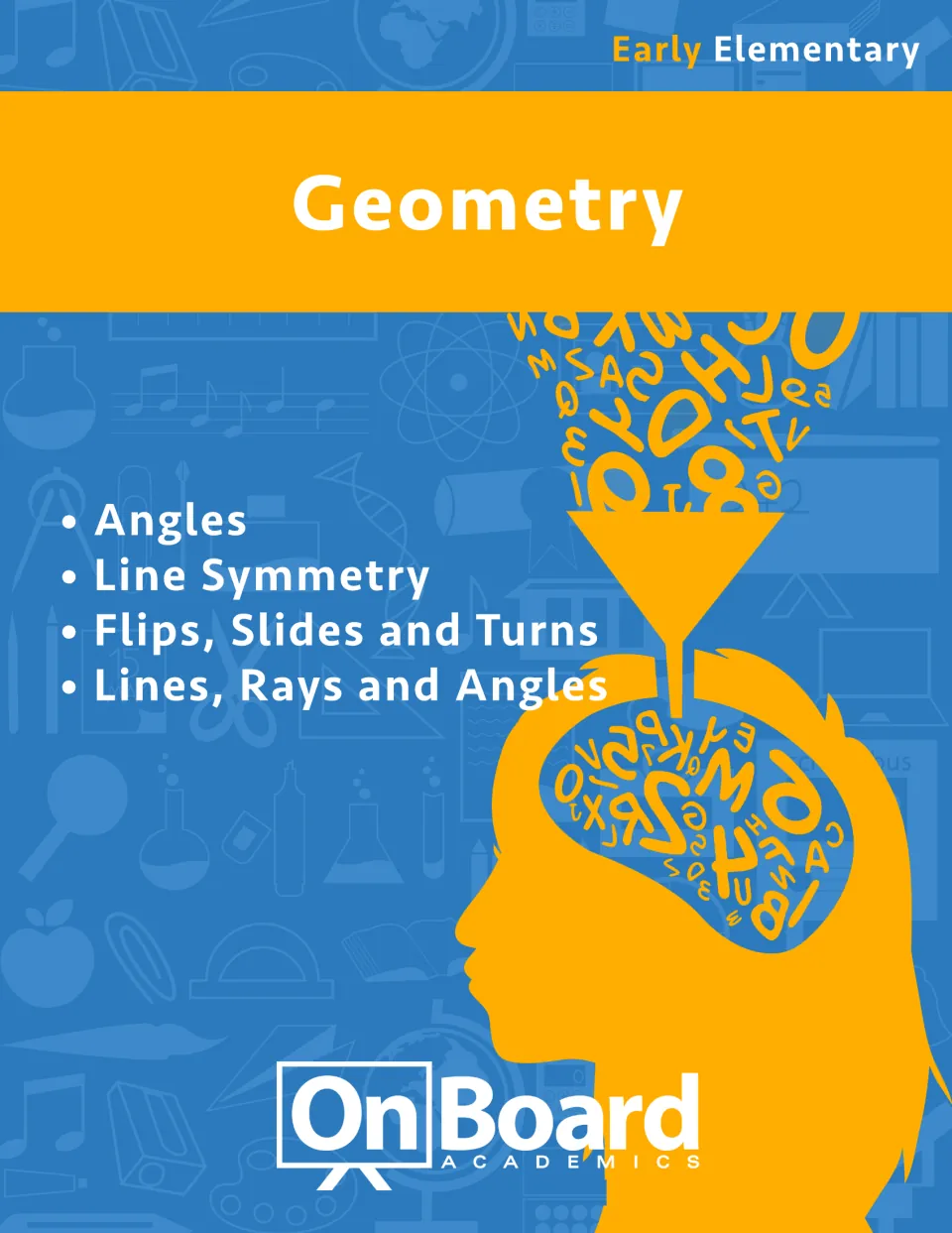 Geometry workbook cover listing angles, line symmetry, flips, slides and turns, and lines, rays and angles