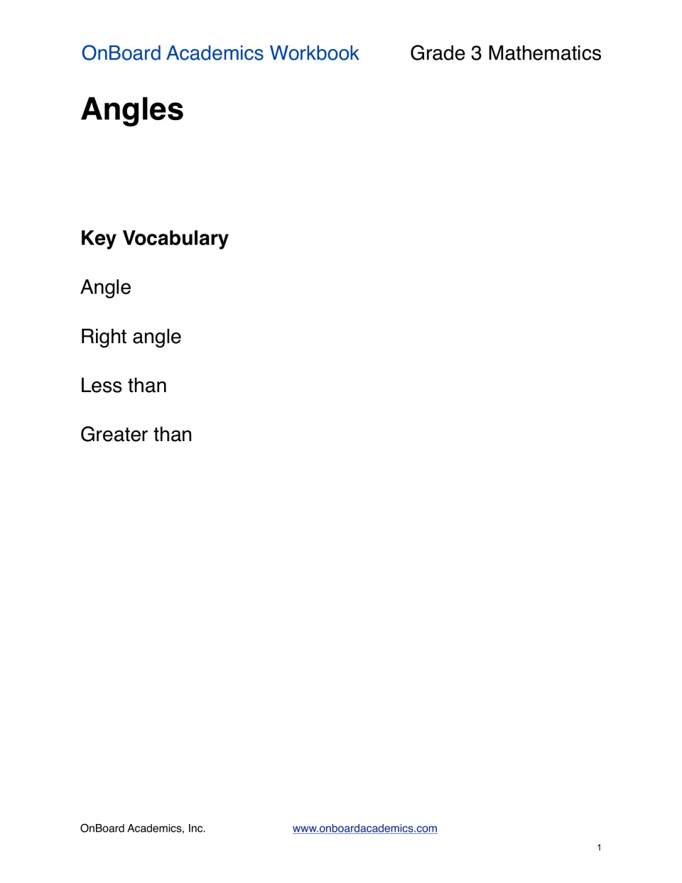 Angles section introduction listing the key vocabulary: angle, right angle, less than, and greater than