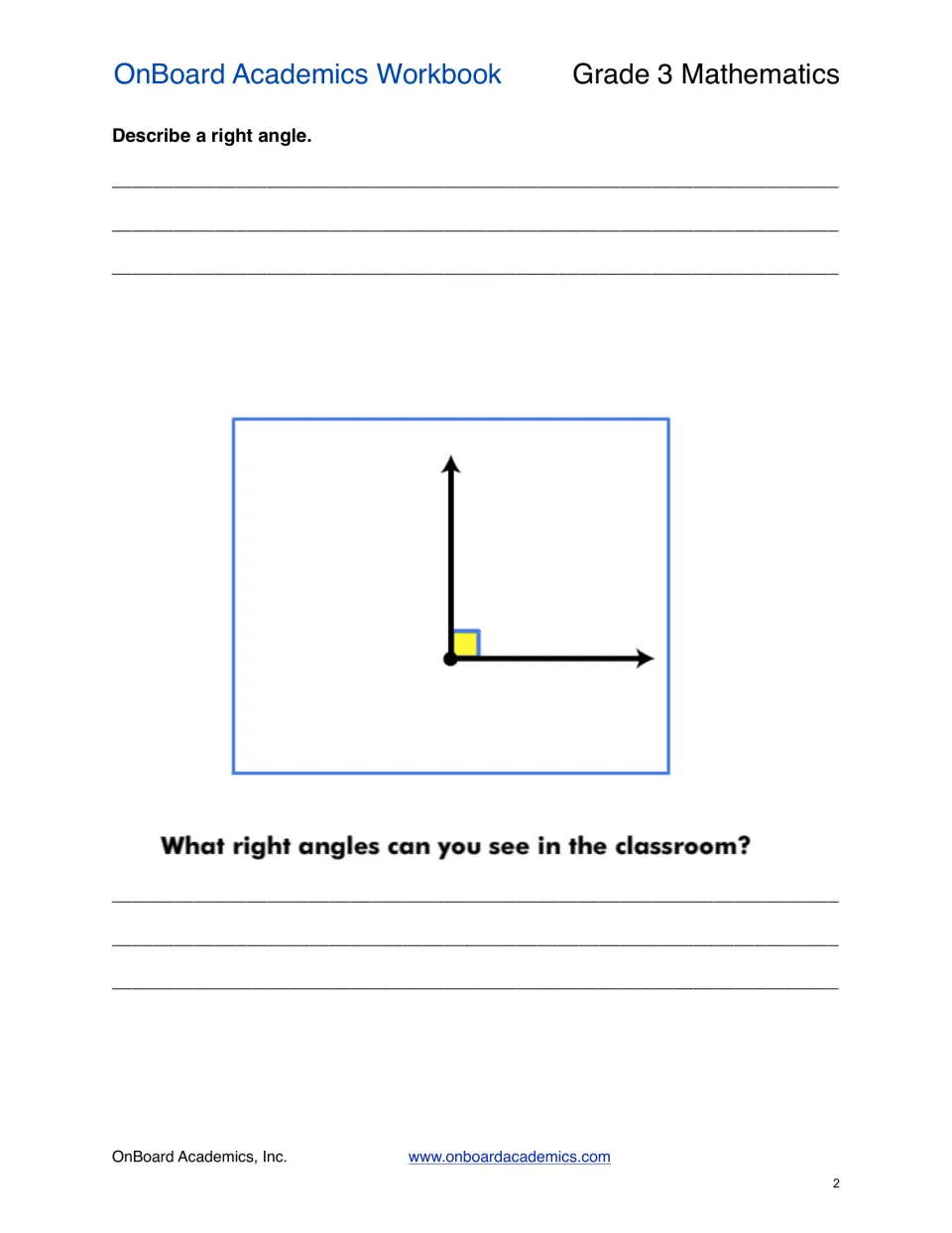Right-angle practice asks students to describe a right angle and identify classroom examples, with a diagram