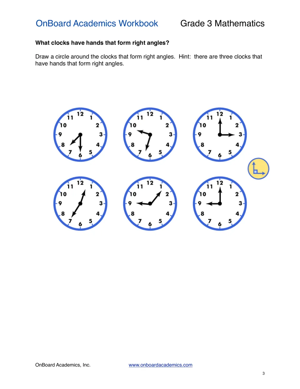 Clock-angle practice asks students to circle three of six clocks whose hands form right angles