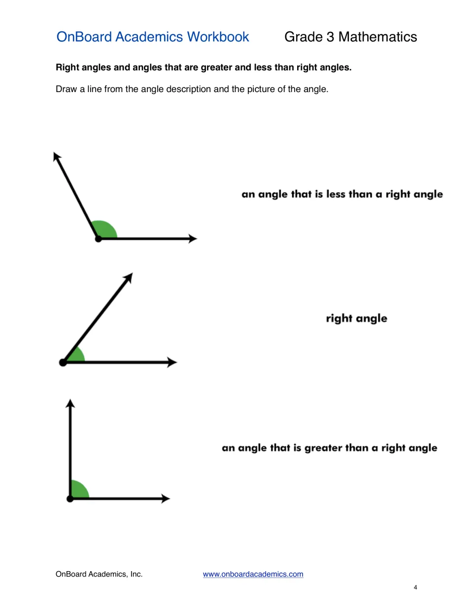 Angle matching practice pairs three diagrams with right angle, less than a right angle, or greater than one