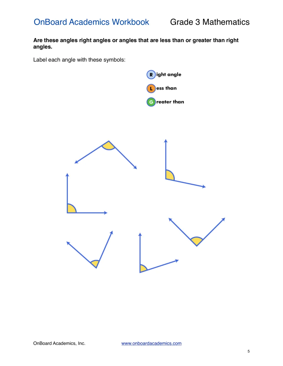 Angle classification practice asks students to label six angles R, L, or G by comparing them to right angles