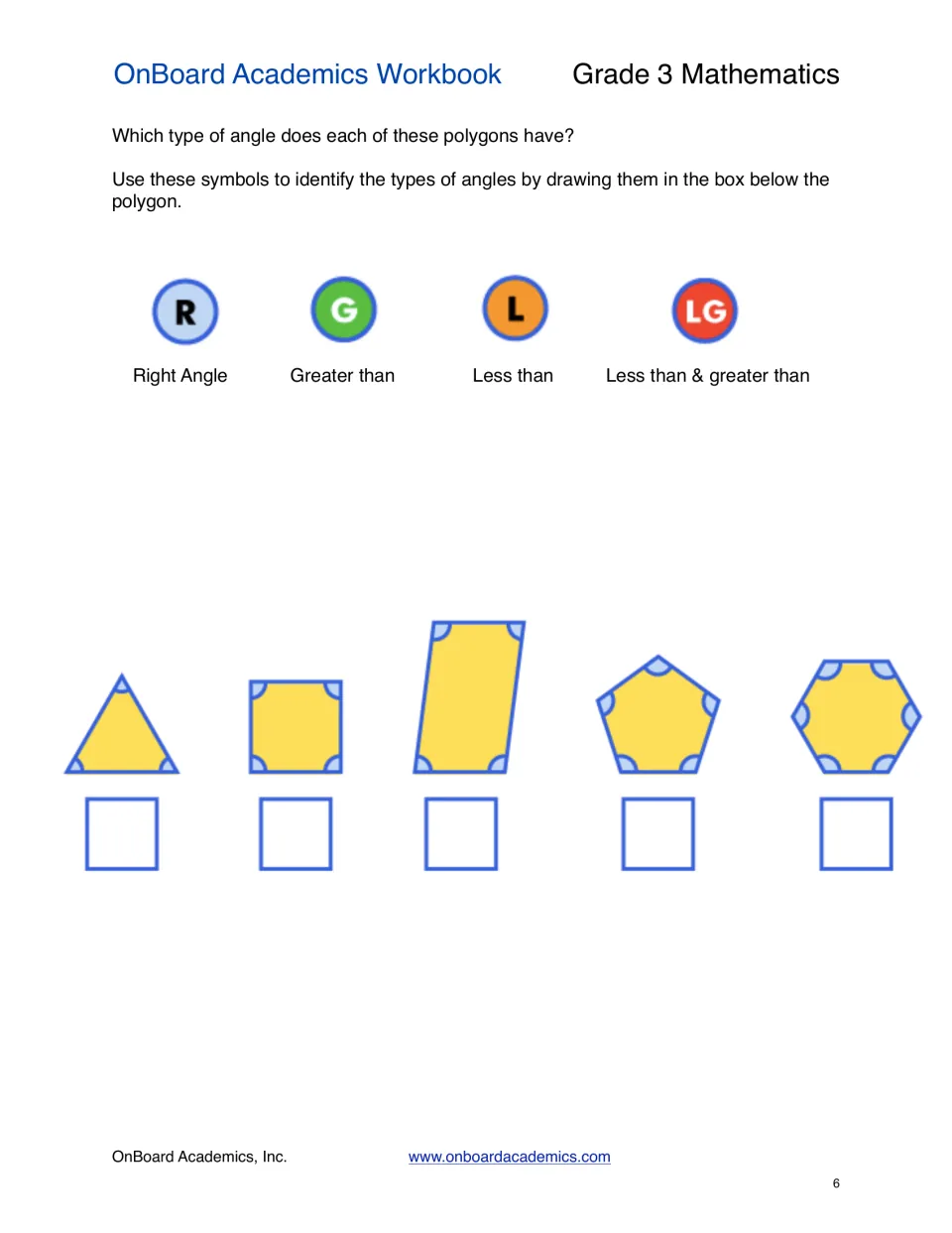 Polygon-angle practice uses R, G, L, or LG to classify angles in a triangle, square, and three more polygons
